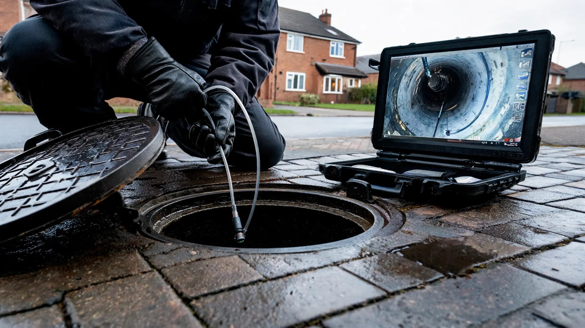 Engineer feeding a CCTV inspection camera into an open manhole with live pipe footage on the monitor