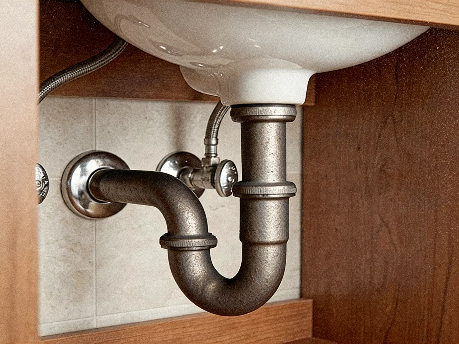 Cast-iron trap, chrome valves and supply pipes inside a bathroom vanity cabinet, the kind of household drain we clear